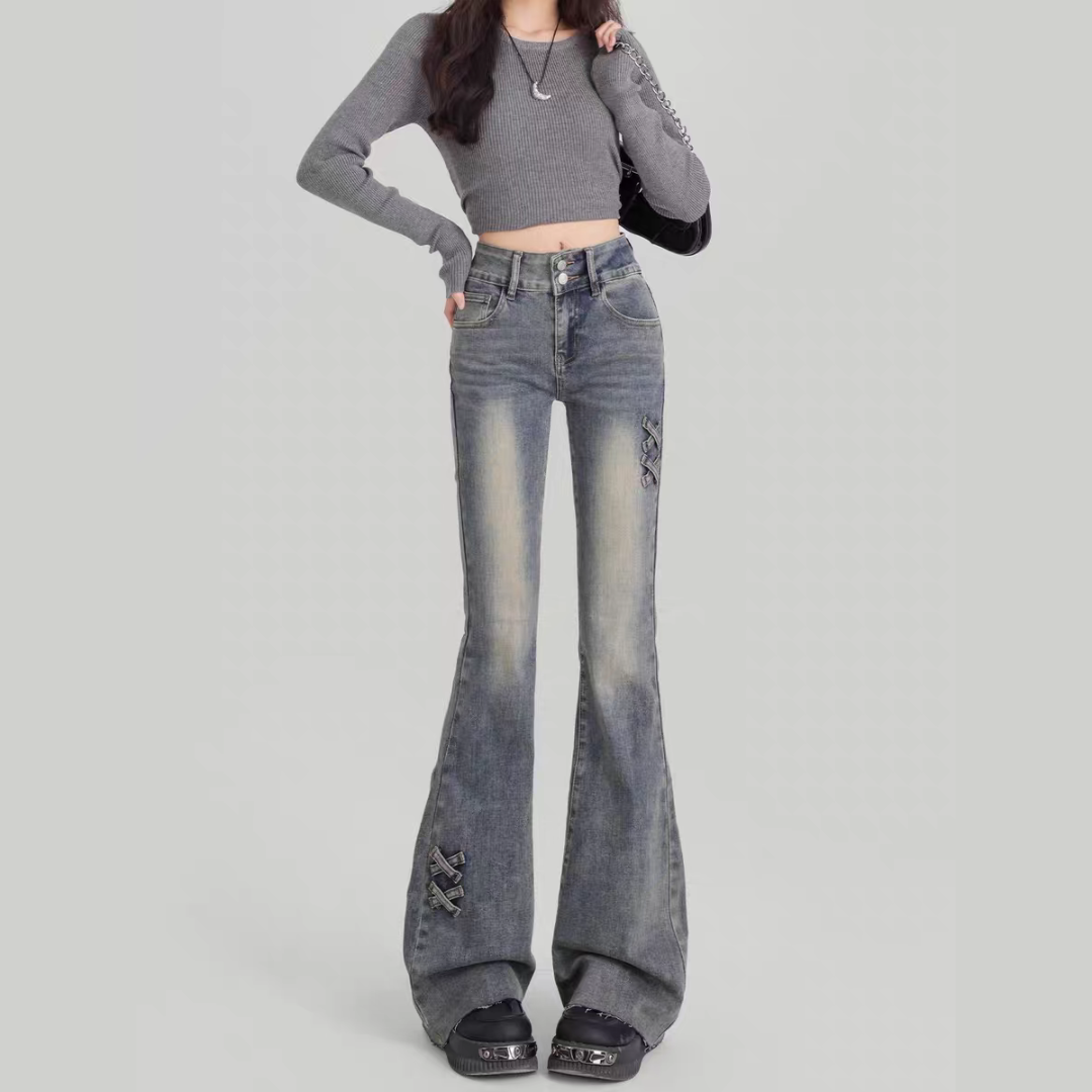 Dark Edge Lace-Up Flare Jeans