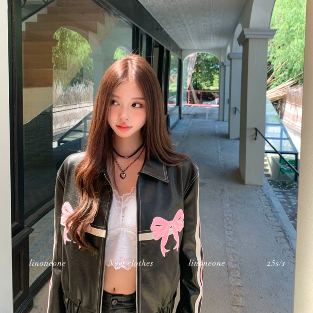 Pink Bow | Bomber Leather Jacket
