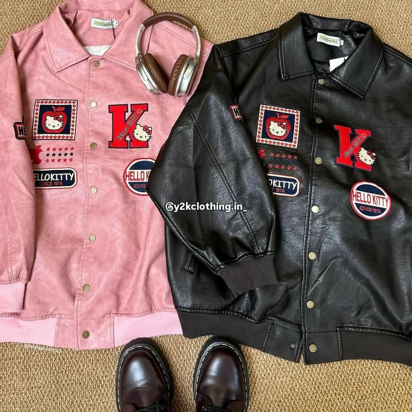 Retro Hello Kitty Embroidery Loose Leather Jacket