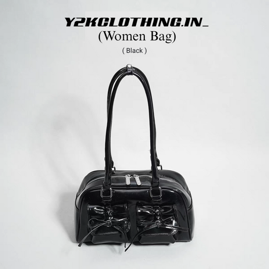 Faux Leather Ribbon Bowler Bag