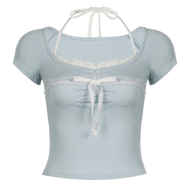 Short Sleeve / Long Sleeve Halter-Neck Lace-Trim Ribbon Bow Accent Slim-Fit Crop Top