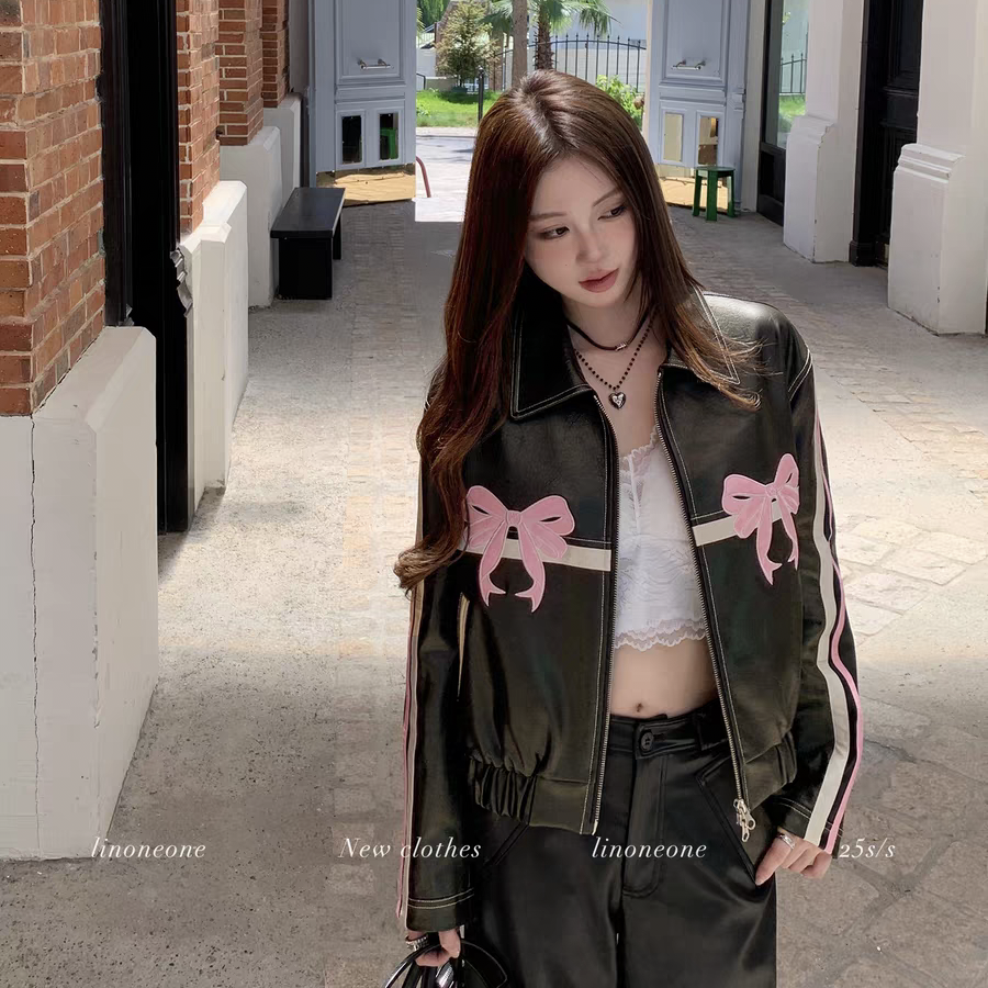 Pink Bow | Bomber Leather Jacket