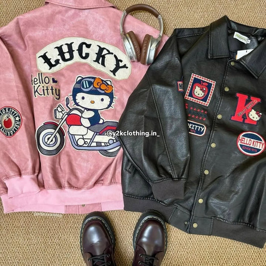 Retro Hello Kitty Embroidery Loose Leather Jacket