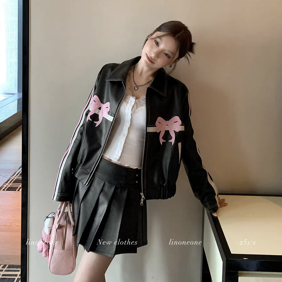 Pink Bow | Bomber Leather Jacket