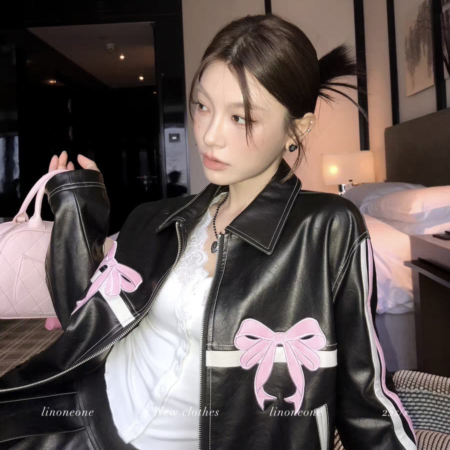 Pink Bow | Bomber Leather Jacket