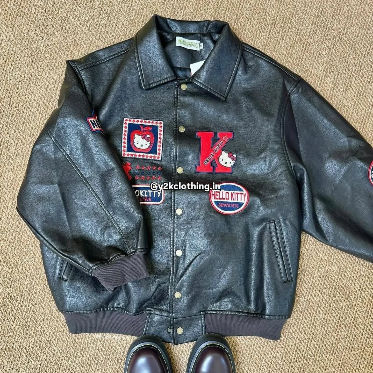 Retro Hello Kitty Embroidery Loose Leather Jacket
