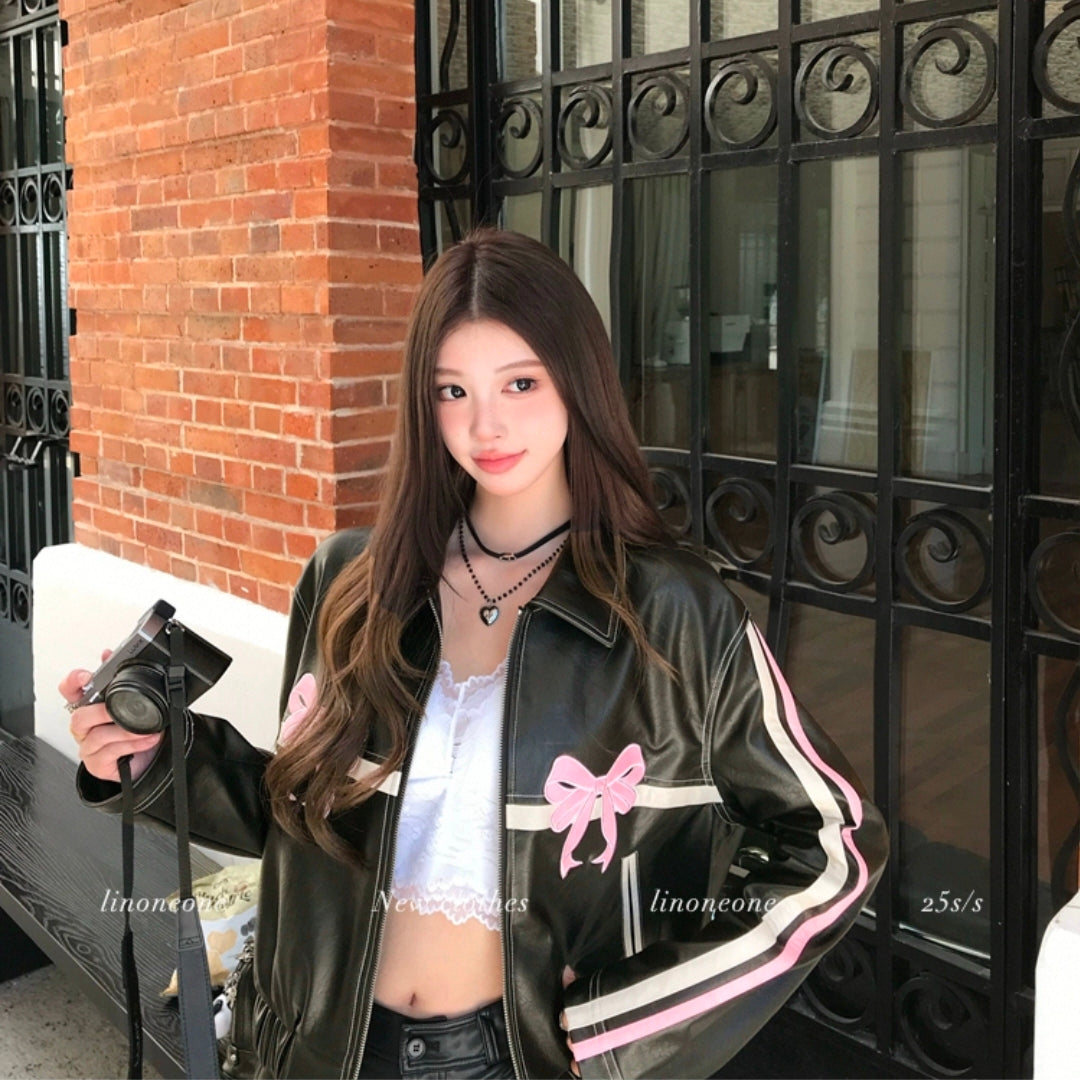 Pink Bow | Bomber Leather Jacket