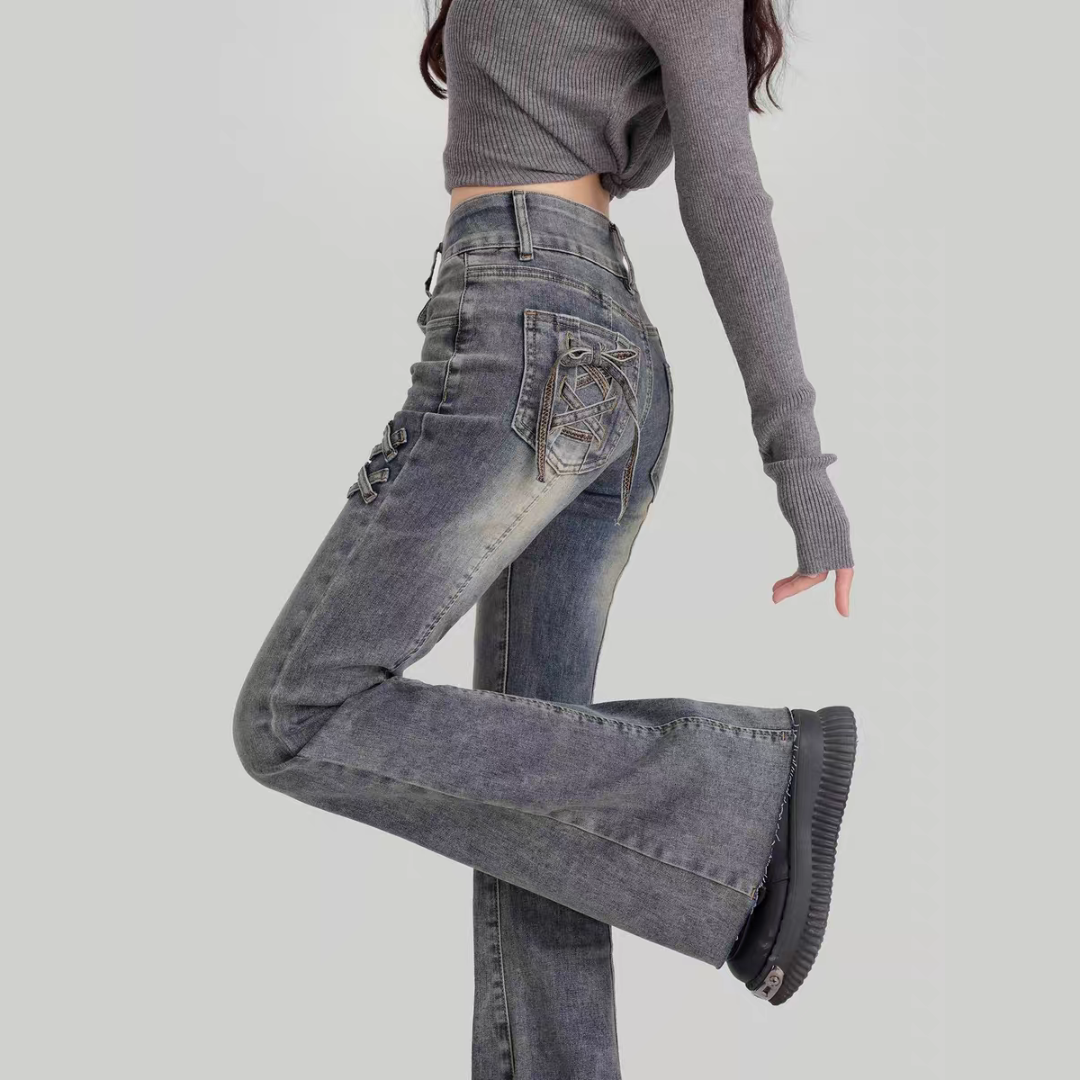 Dark Edge Lace-Up Flare Jeans