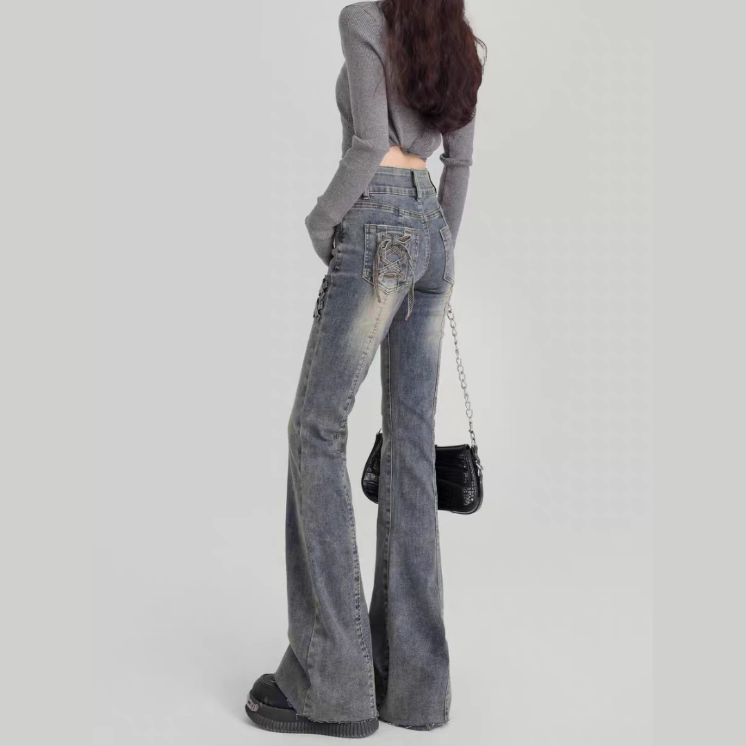 Dark Edge Lace-Up Flare Jeans