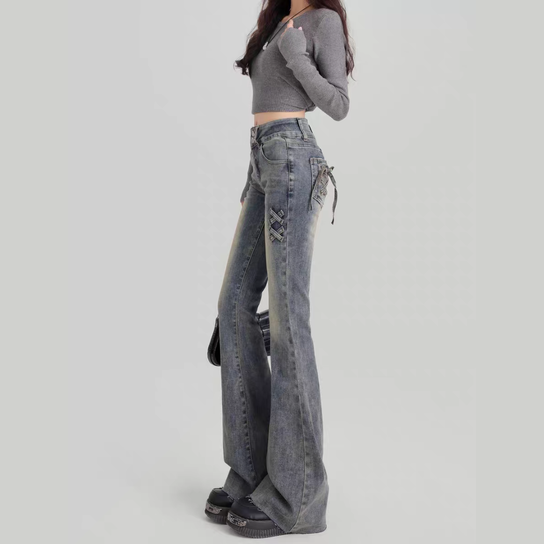Dark Edge Lace-Up Flare Jeans