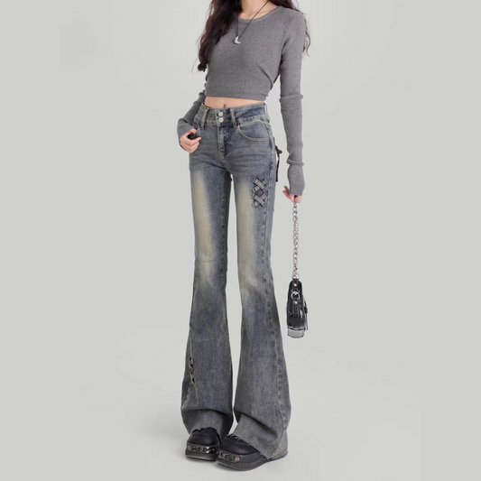 Dark Edge Lace-Up Flare Jeans