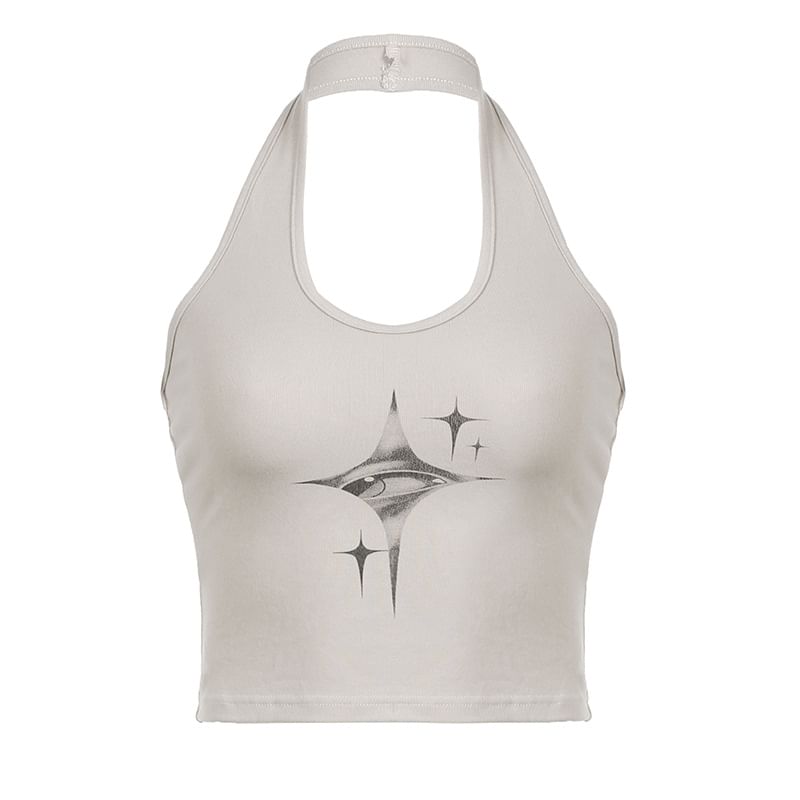 Halter Neck Graphic Print Slim-Fit Open-Back Crop Tank Top